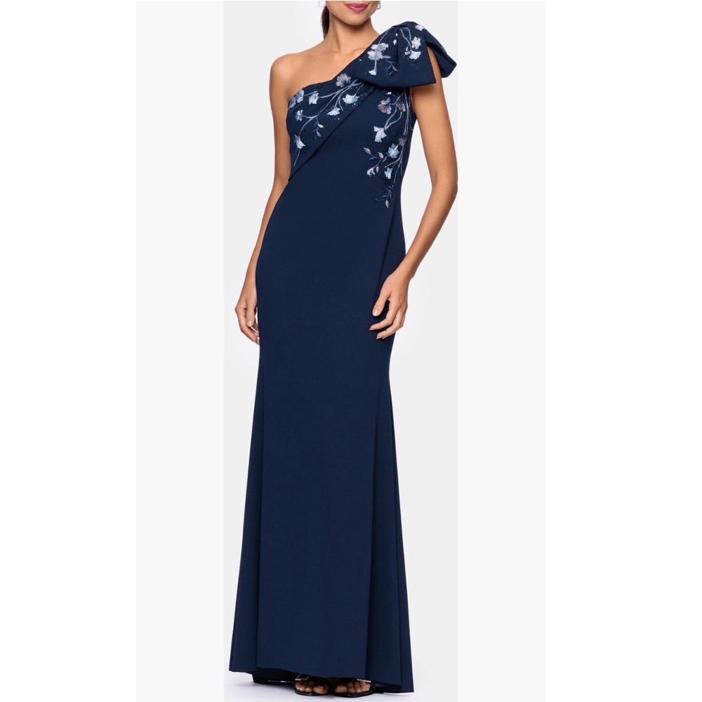 Betsy & Adam One-Shoulder Floral Embroidered Crepe Gown Navy Blue Dress New!
